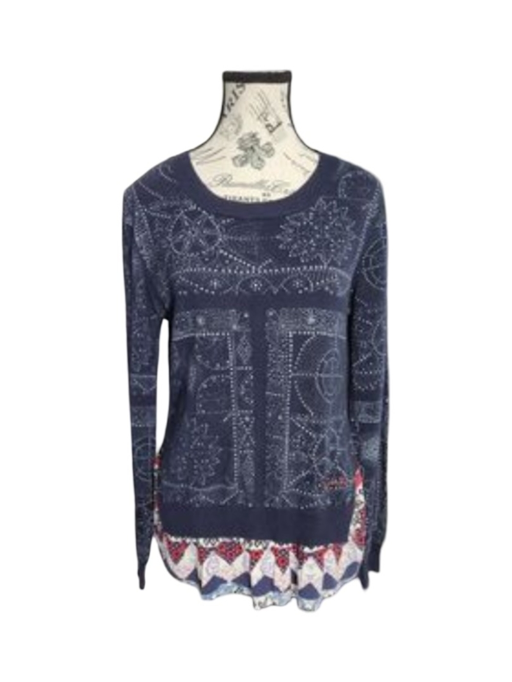 Desigual Women’s Navy Top Embroidery Layered Long Hem Sweater L
